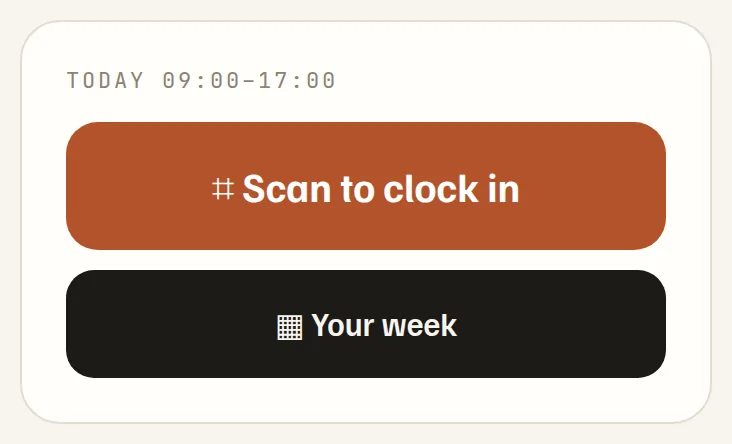 The scan-to-clock-in card on a staff phone
