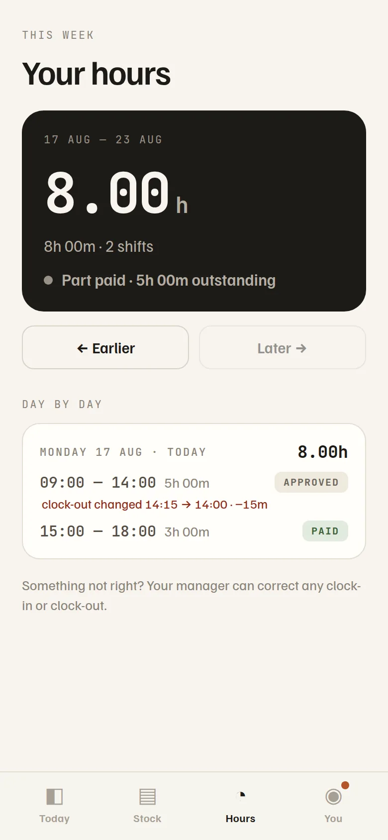 A staff member's own hours, with any correction shown to the minute