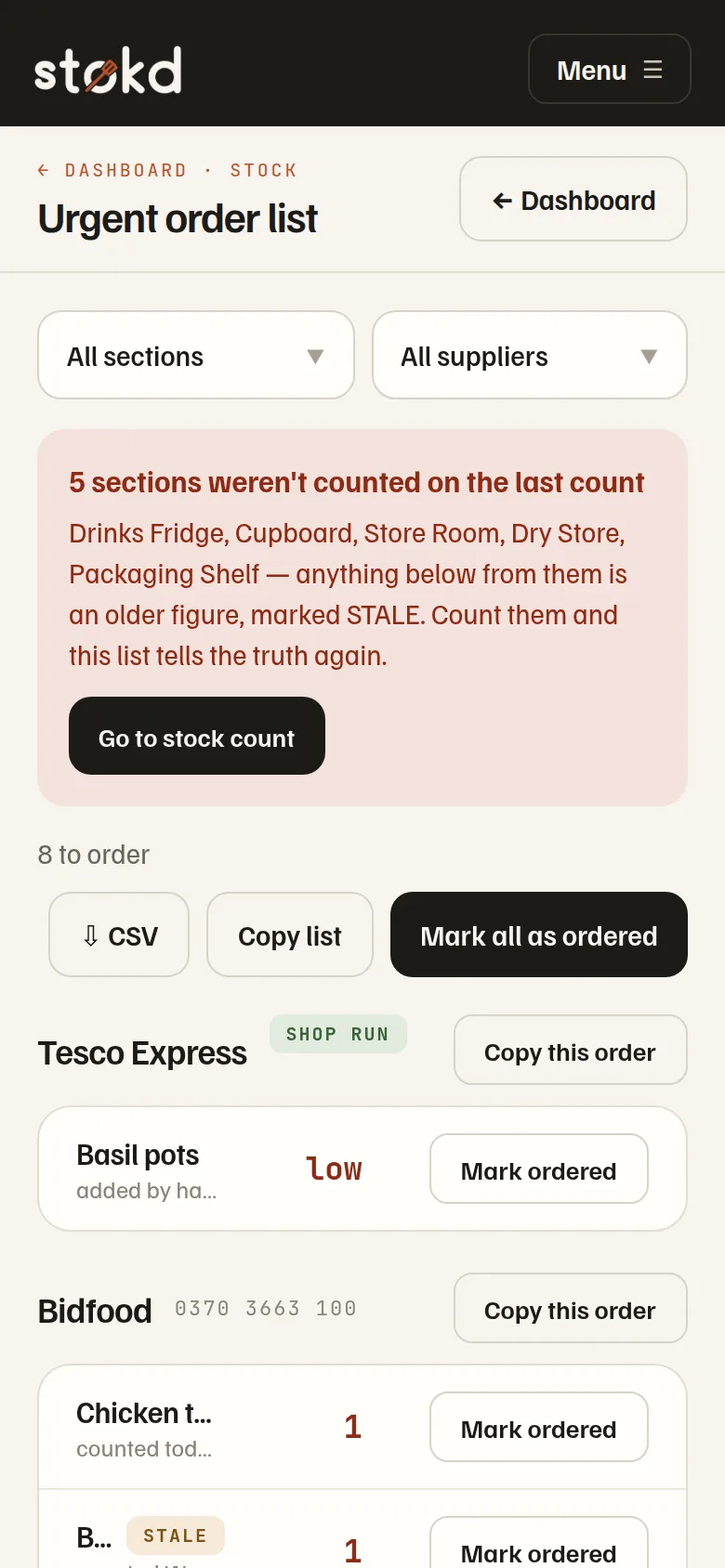 The owner's order list, grouped by supplier with counted figures