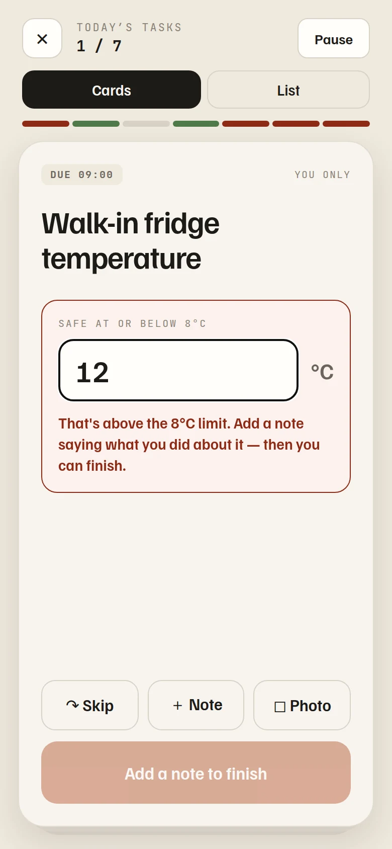 A task card: walk-in fridge temperature, 12 typed in, marked as above the 8°C limit and asking for a note