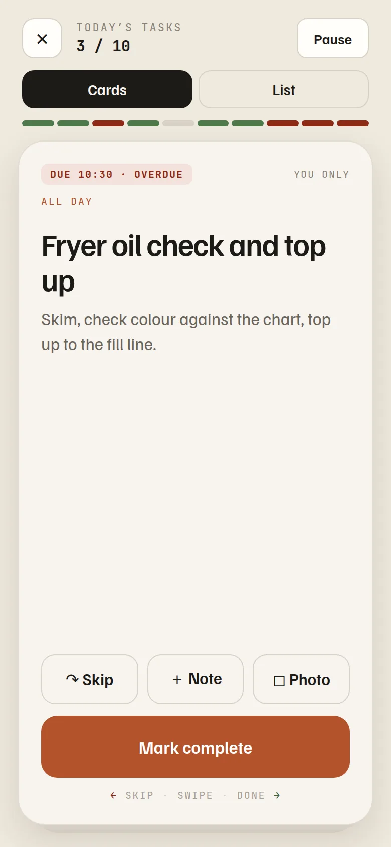 A task card mid-deck: count the till float, done or skip