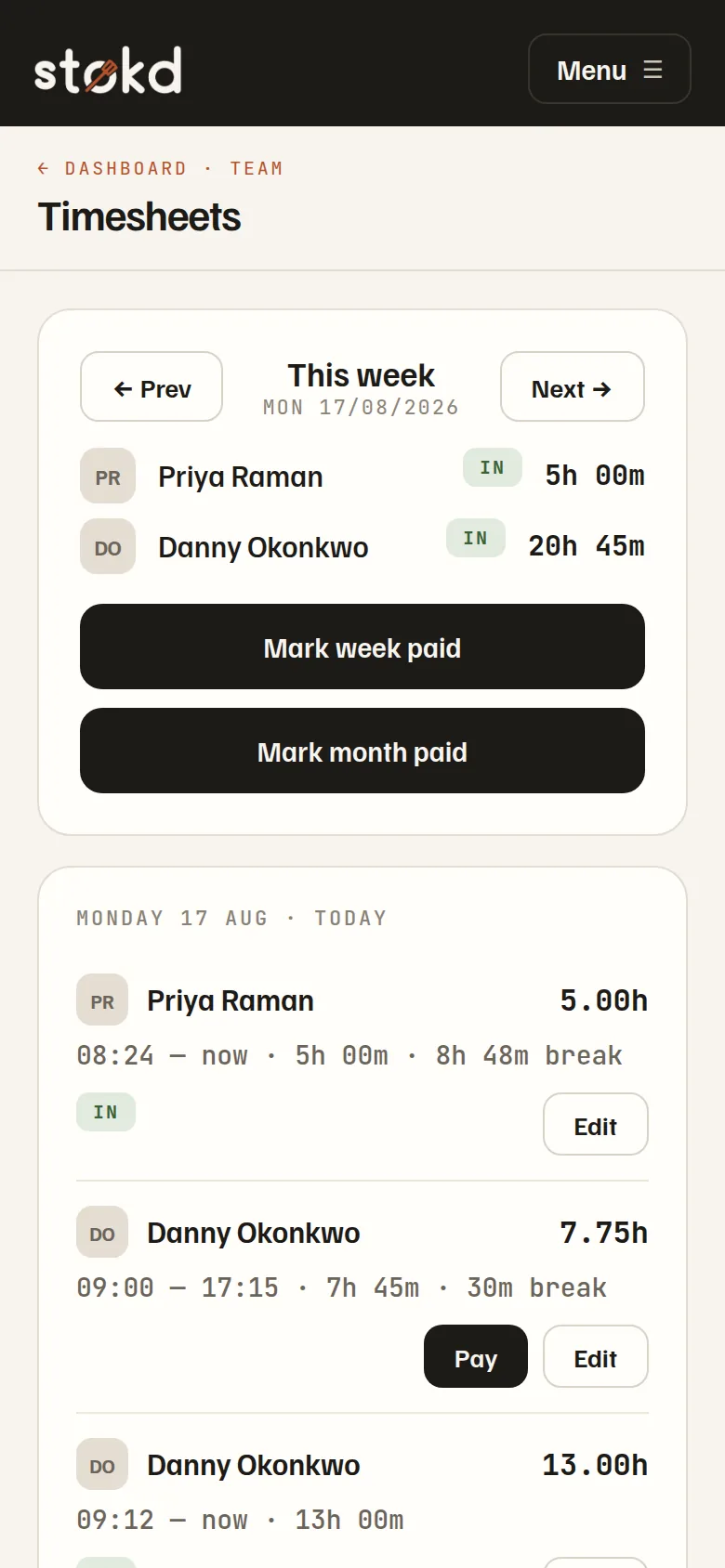 Timesheets: weekly totals per person, mark paid, export CSV