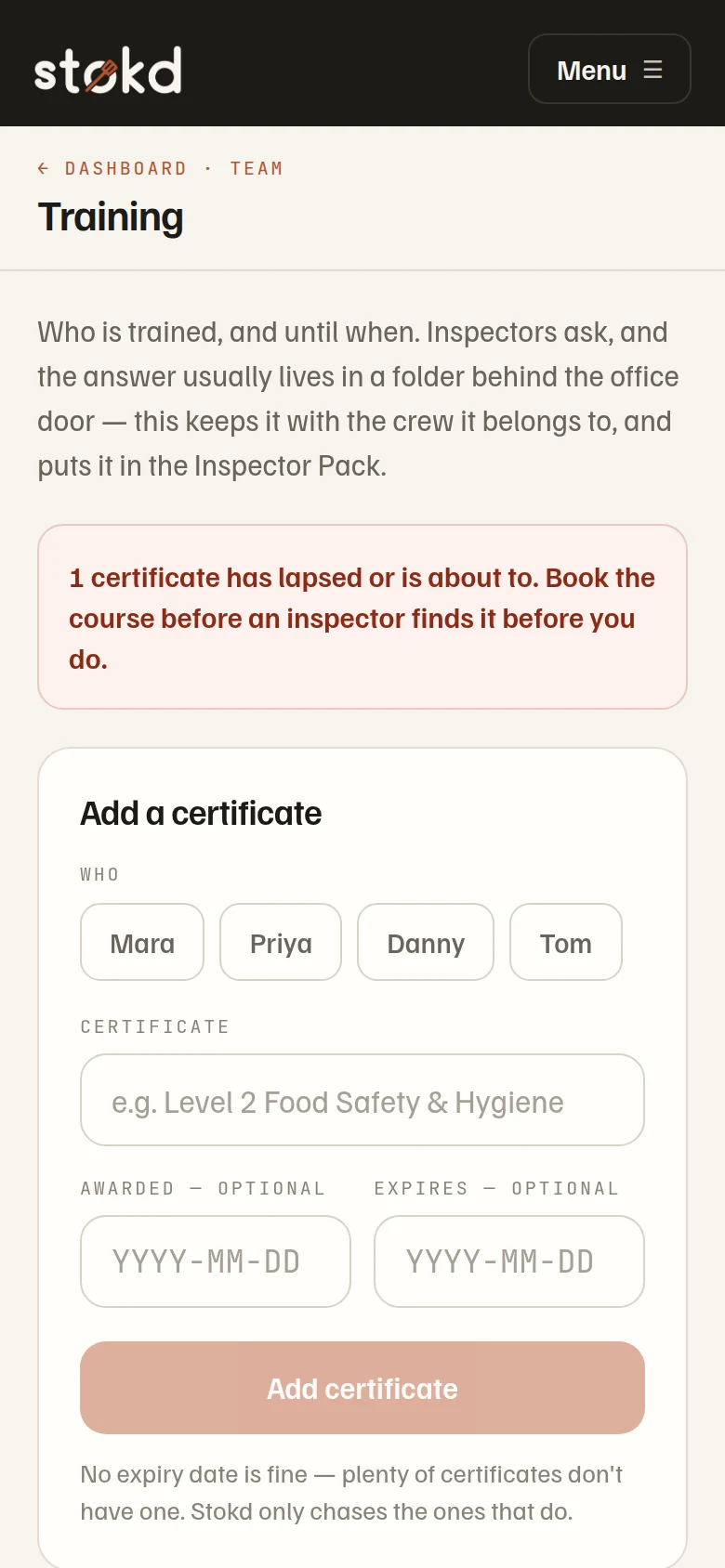 The Training screen: certificates per person with valid, expiring and no-expiry states